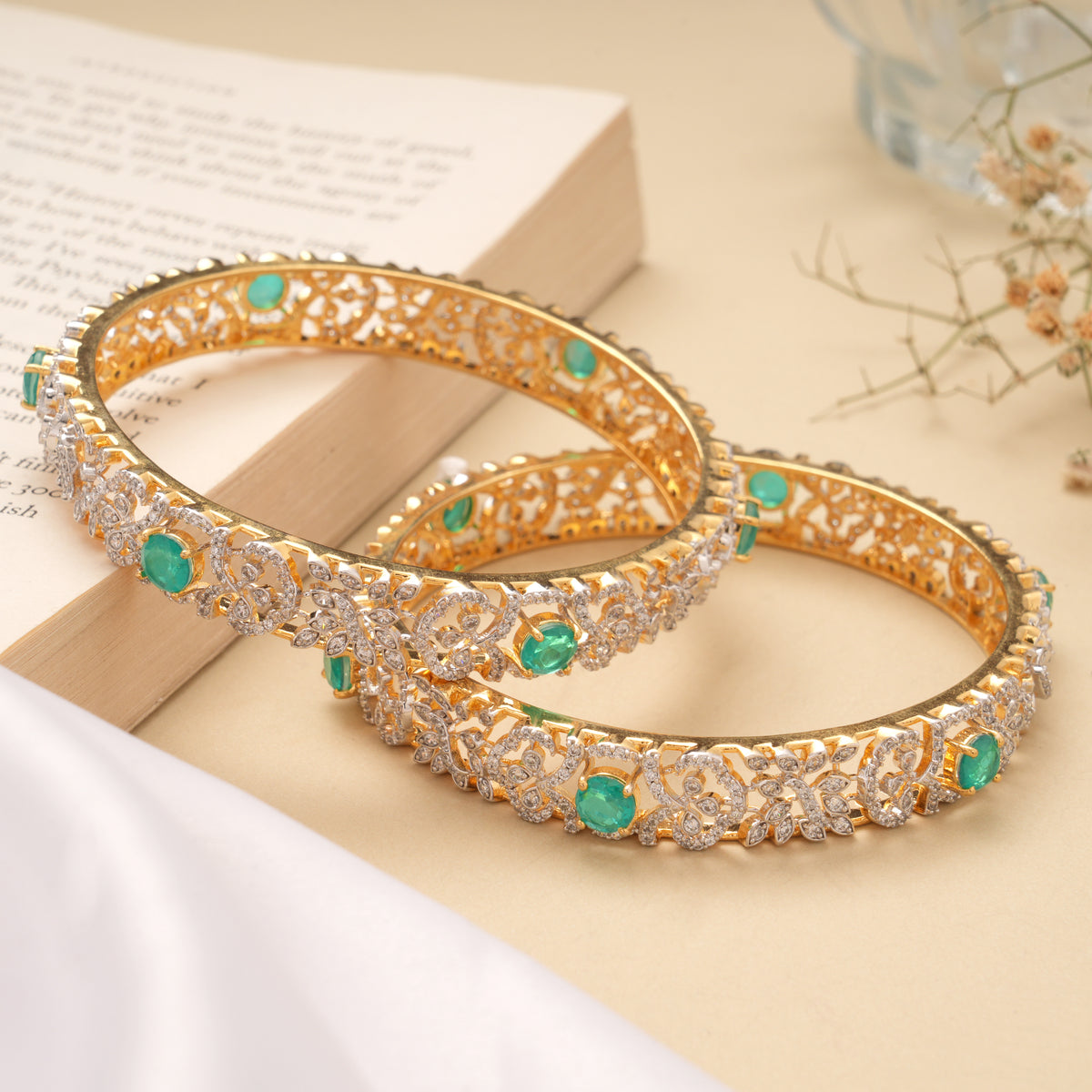 Sparkling Flower with Emerald Stone Swarovski Golden Bangles