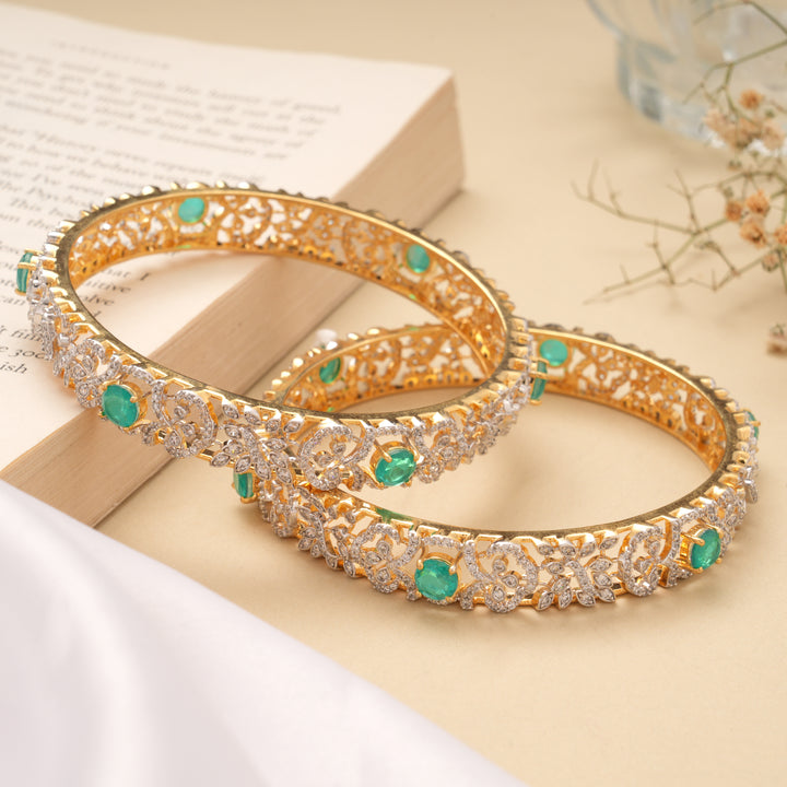 Sparkling Flower with Emerald Stone Swarovski Golden Bangles
