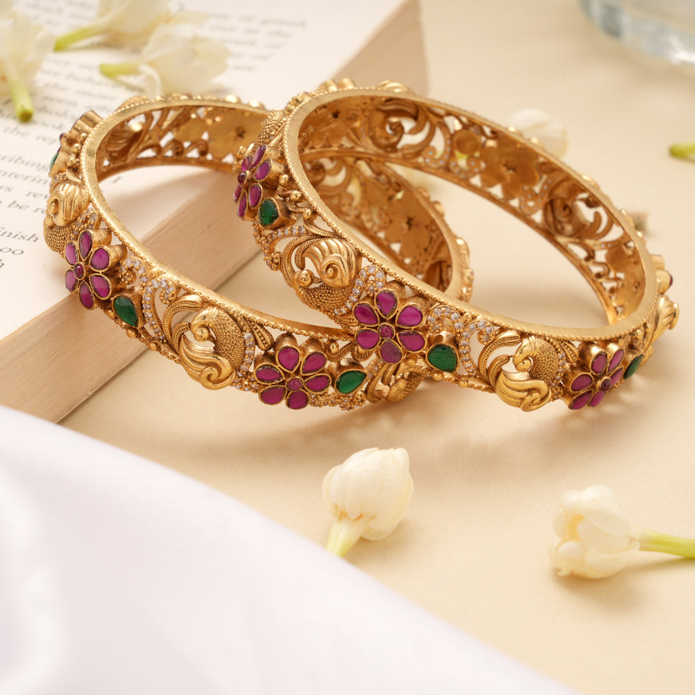 Fancy Peacock with Ruby Stone Golden Bangles