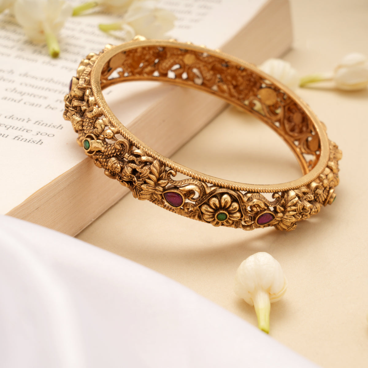 Antique Floral Lakshmi Stone Golden Bangles