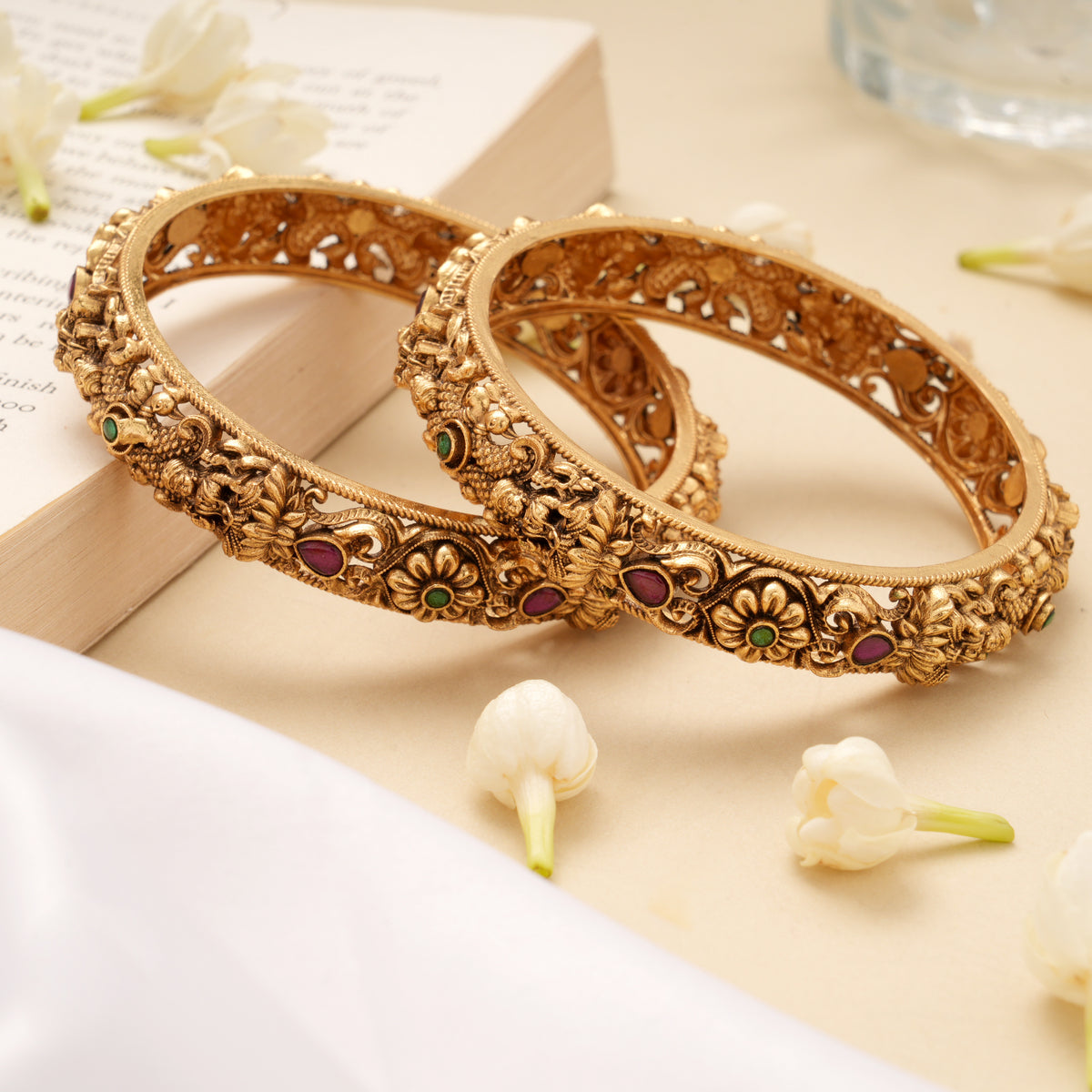 Antique Floral Lakshmi Stone Golden Bangles