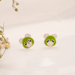 Green Enamel Panda Face Silver Stud