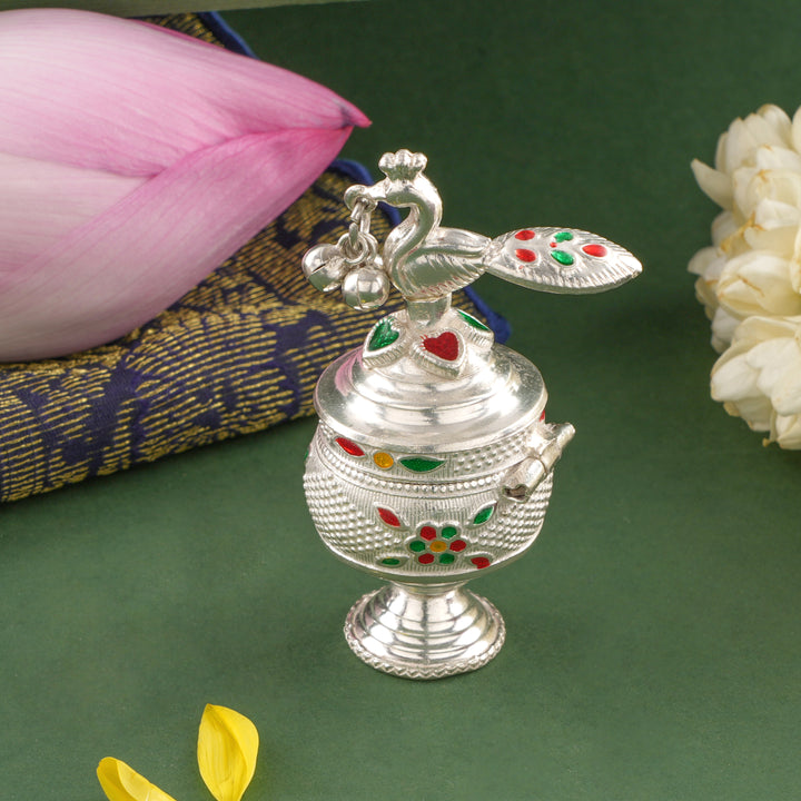 Elegant Peacock Design Silver Kumkum Box