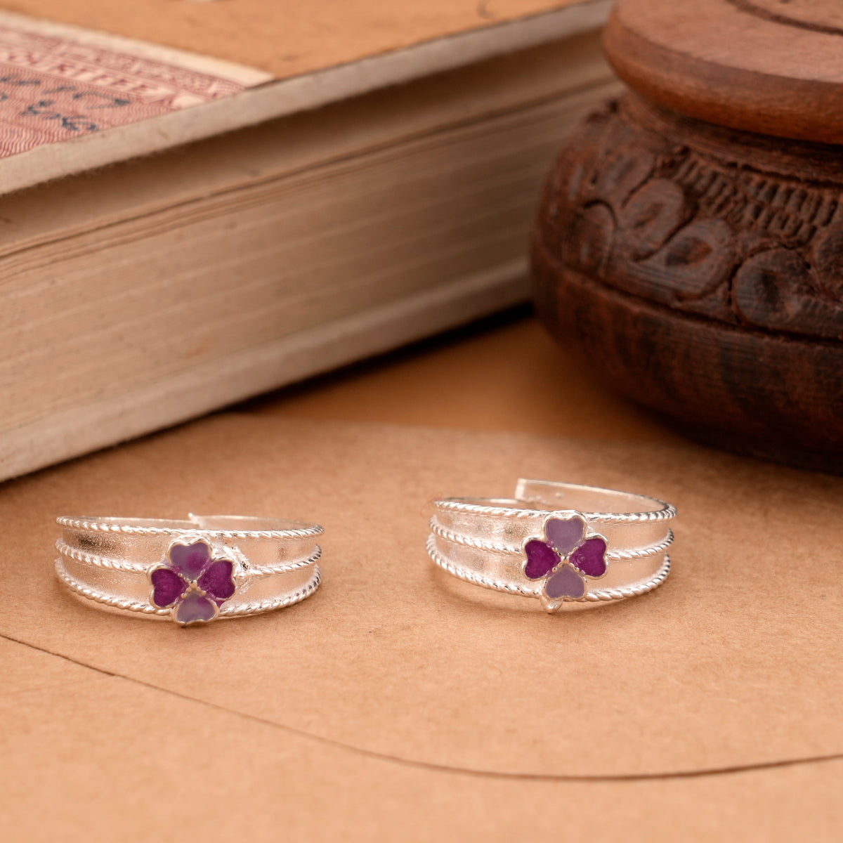 Double Floral Enamel Silver Toe Ring