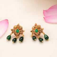 Emerald with Green Beads Drop Earrings