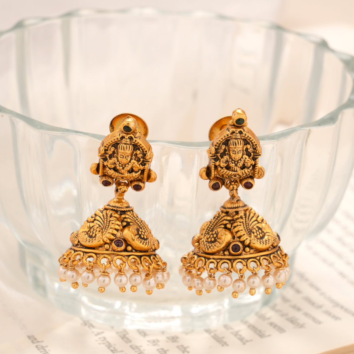 Lakshmi Peacock Pearl Drops Temple Jhumka
