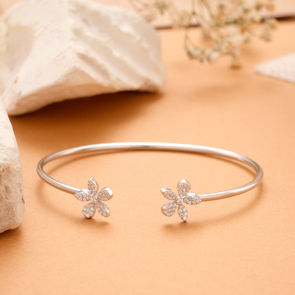 Double Floral White Stone Silver Bracelet