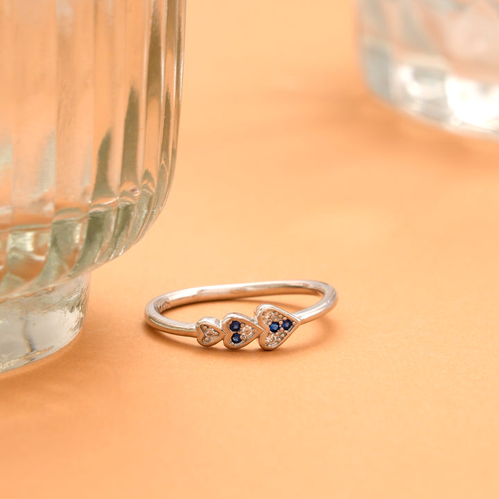 Triple Layer Heart with Blue Stone Silver Ring