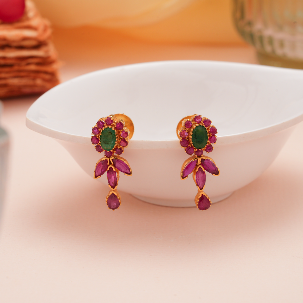 Elegant Emerald Ruby Tear Drop Gold Earrings