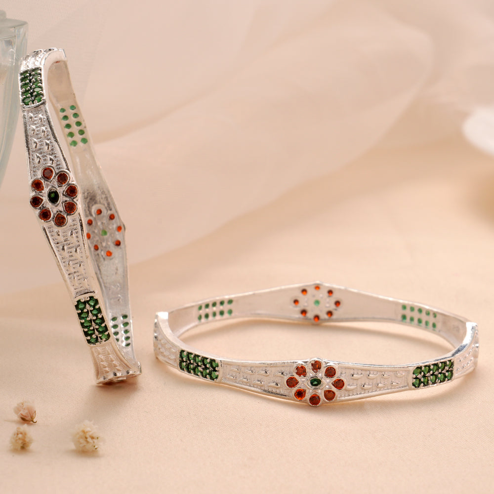 Blossom Red Design Silver Bangle