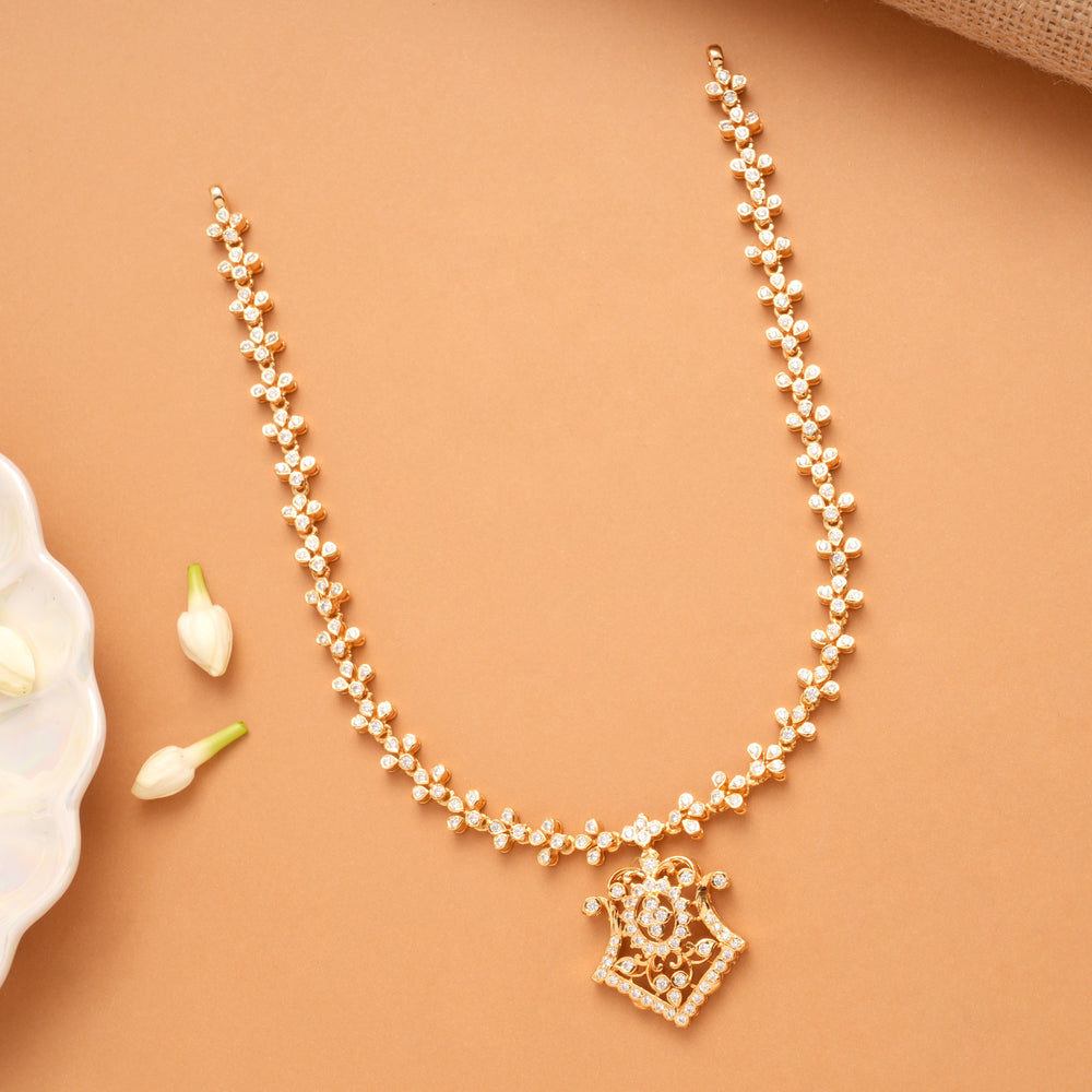 Elegant Flower Pot Design White Stone Golden Necklace
