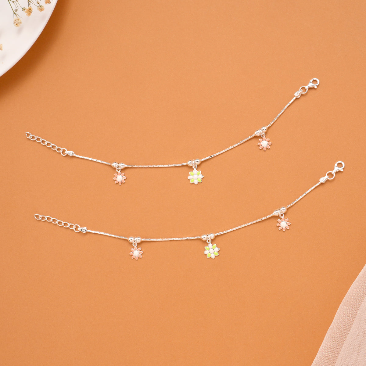 Multicolour Tri Floral Fancy Silver Baby Anklets