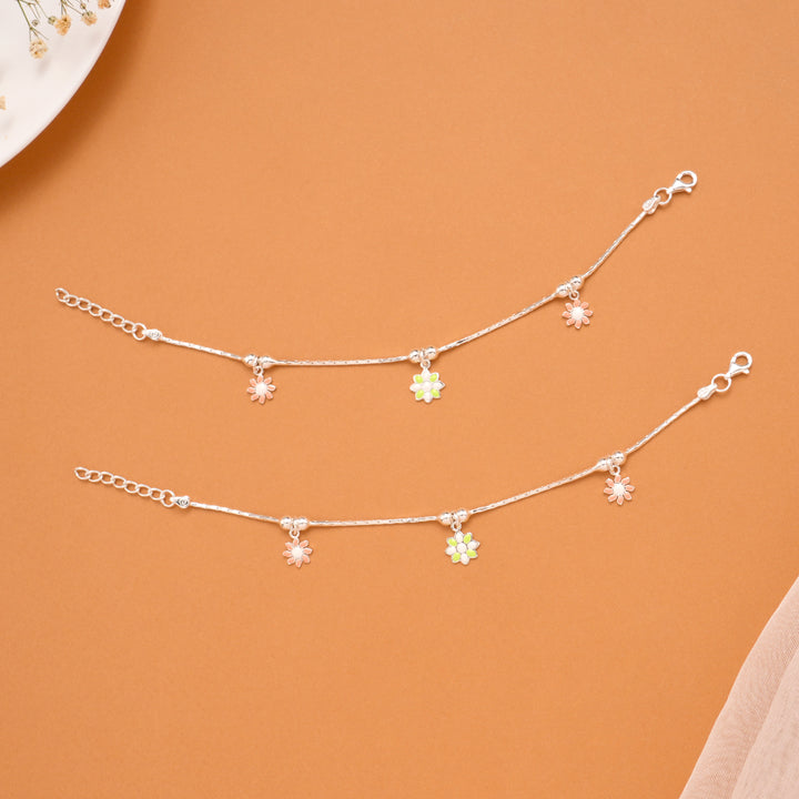 Multicolour Tri Floral Fancy Silver Baby Anklets