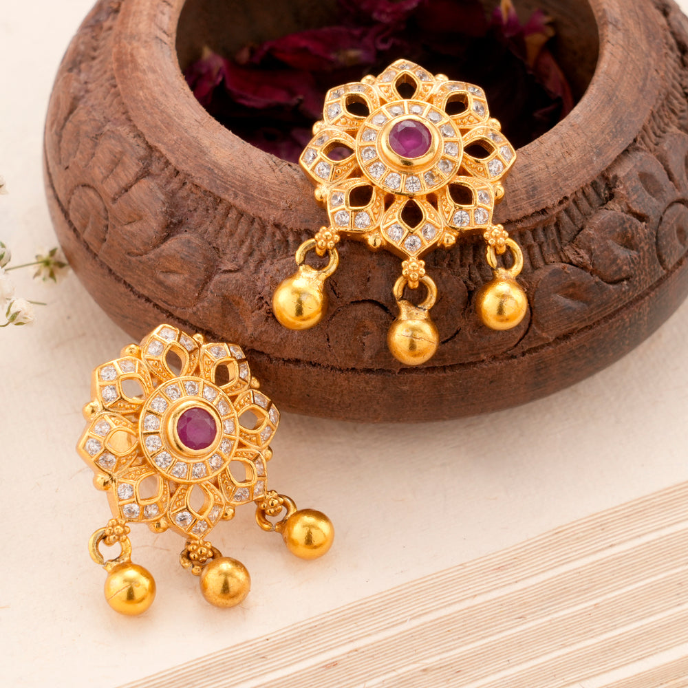 Single Ruby with Flower Design Golden Earring