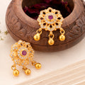 Single Ruby with Flower Design Golden Earring