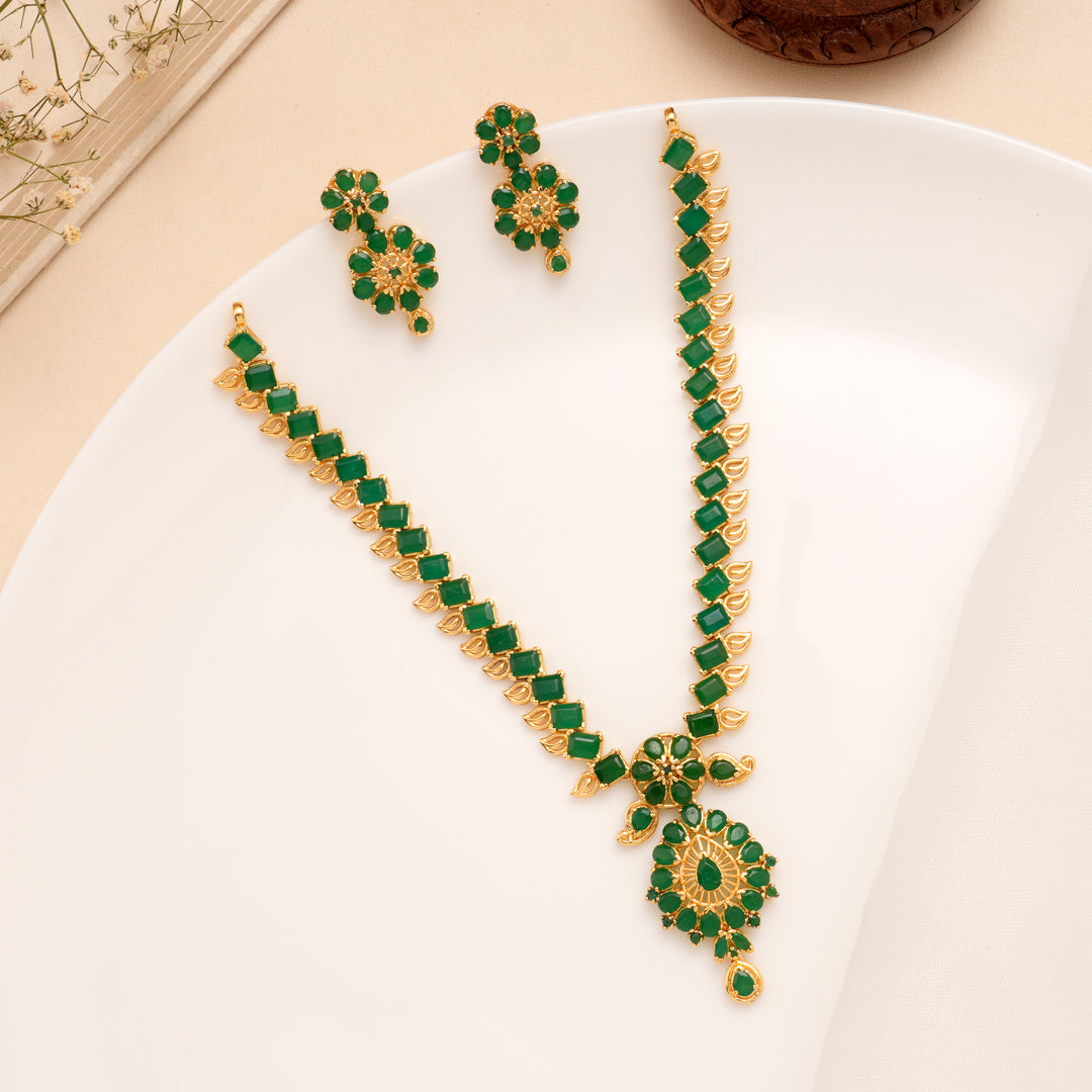 Green Floral Drop Pendant Necklace Set