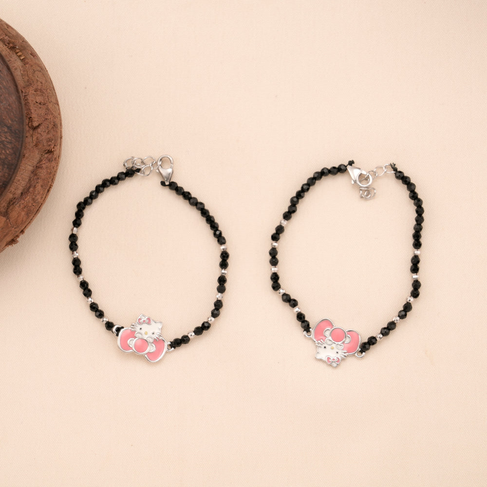 Cute Kitty Black Beads Silver Baby Bracelet