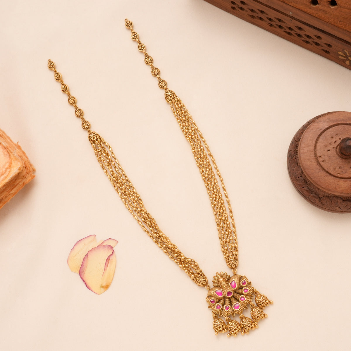 Multi Layer Chain with Ruby Peacock Golden Necklace Set