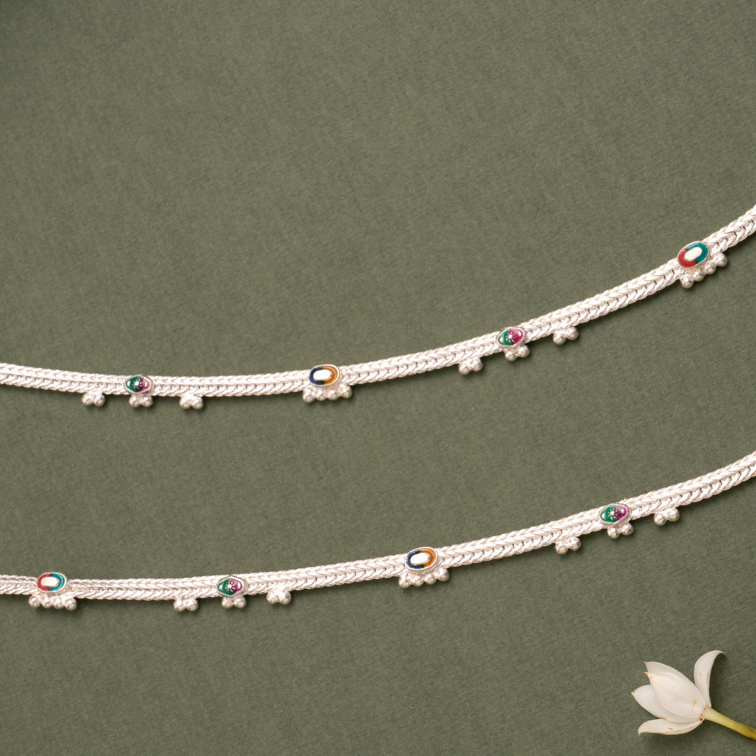 Thin and Simple Oval Enamel Silver Anklet