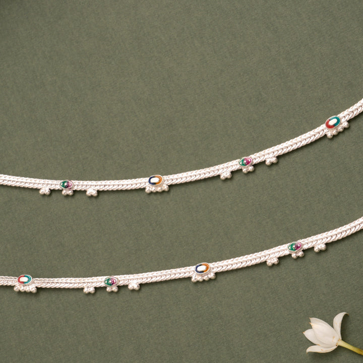 Thin and Simple Oval Enamel Silver Anklet