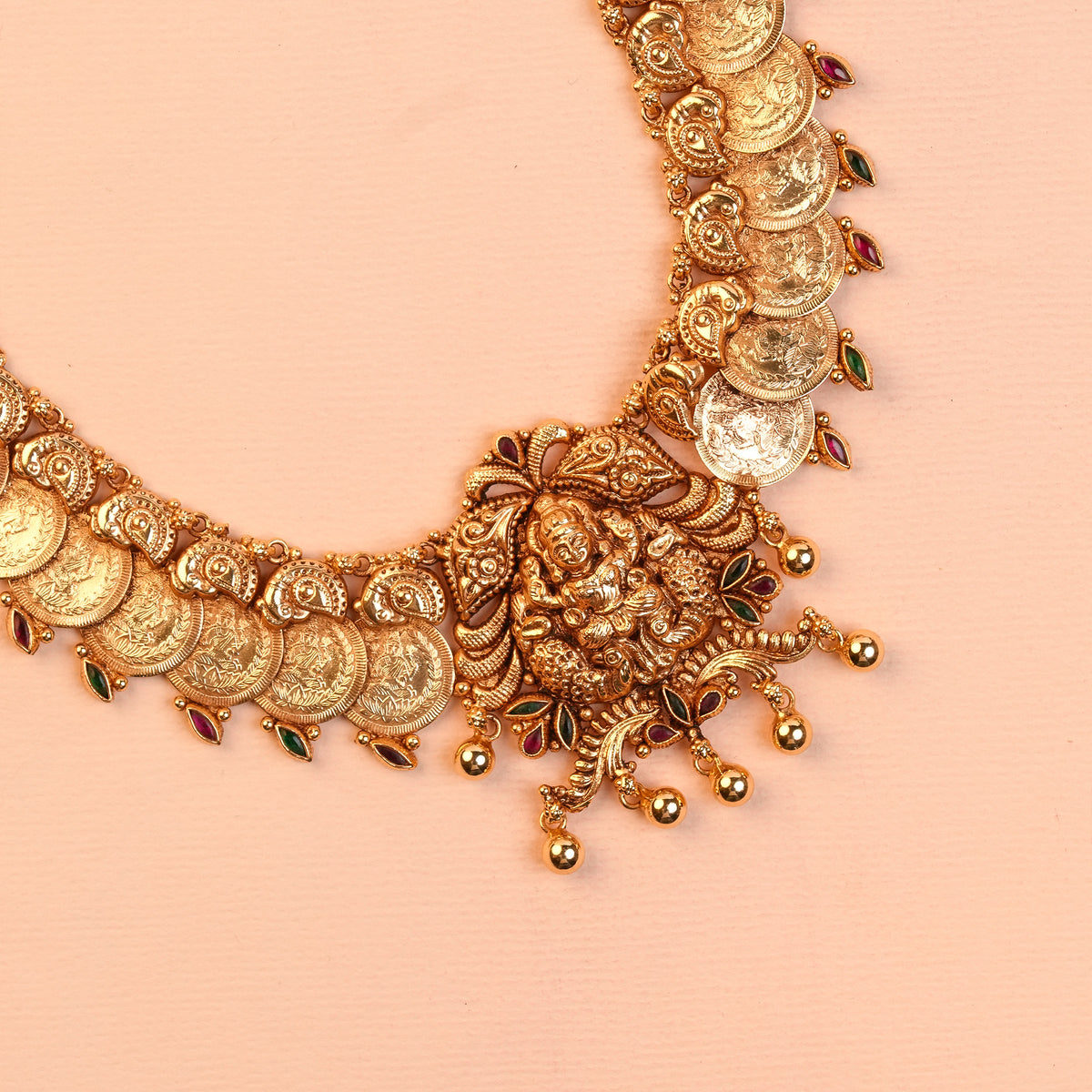 Gold Plated Silver Antique Lakshmi Kasu Mala Haram with Coin Chain