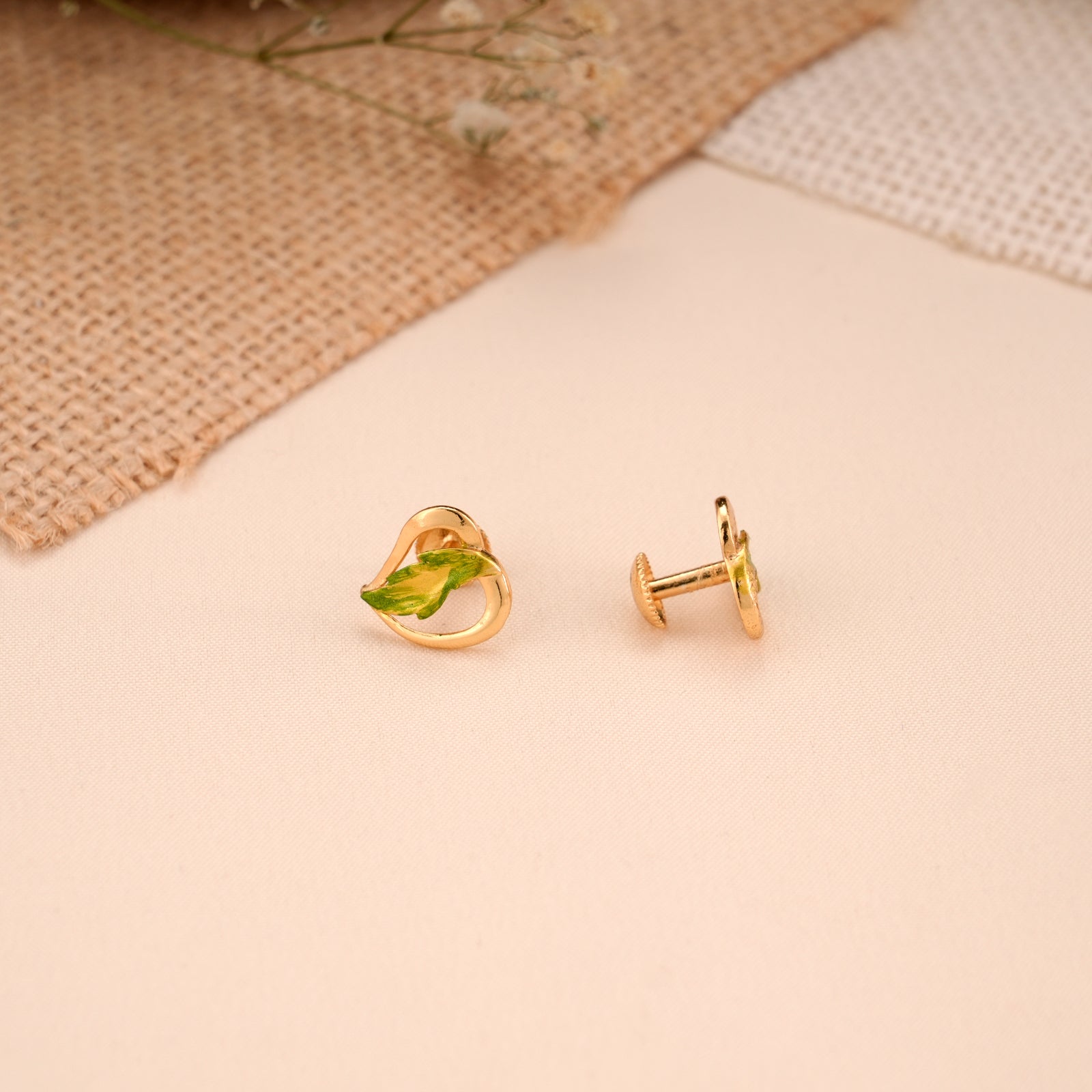 Open Heart Shape Green Leaf Golden Stud