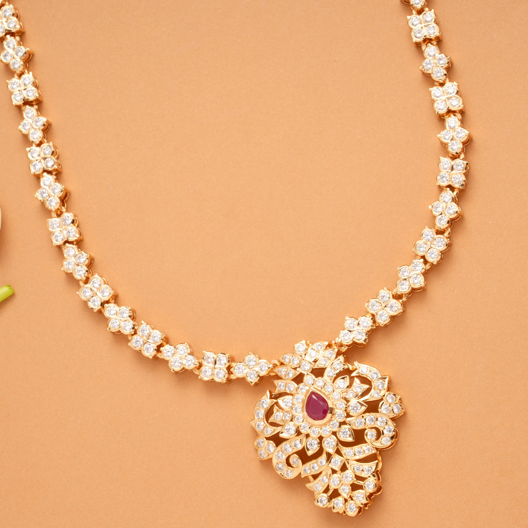 Blossom Tear Drop Ruby White Stone Golden Necklace