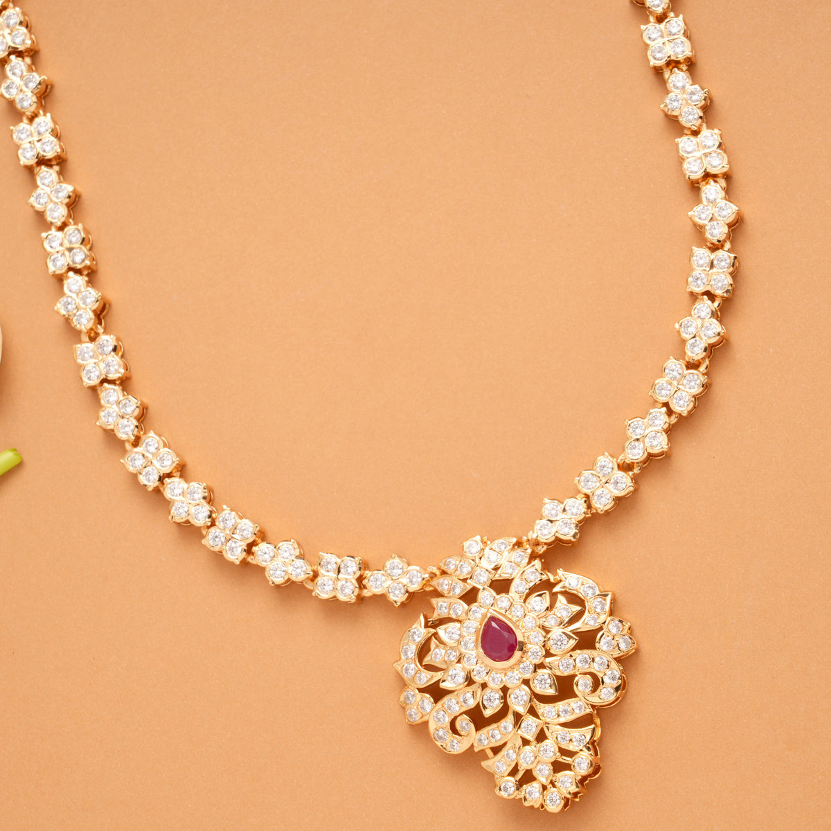 Blossom Tear Drop Ruby White Stone Golden Necklace