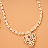 Blossom Tear Drop Ruby White Stone Golden Necklace