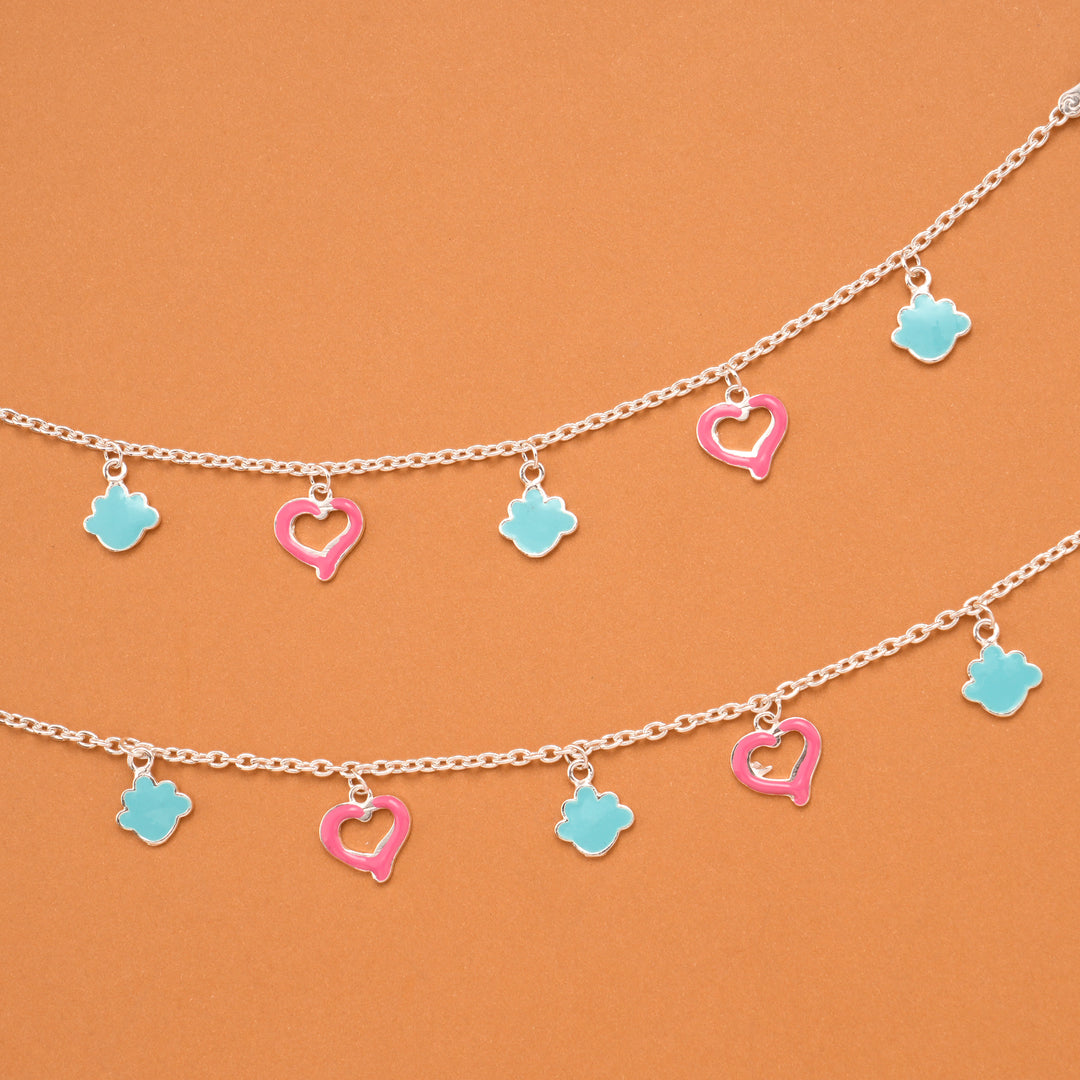 Pink Colour Heart Enamel Silver Baby Anklets