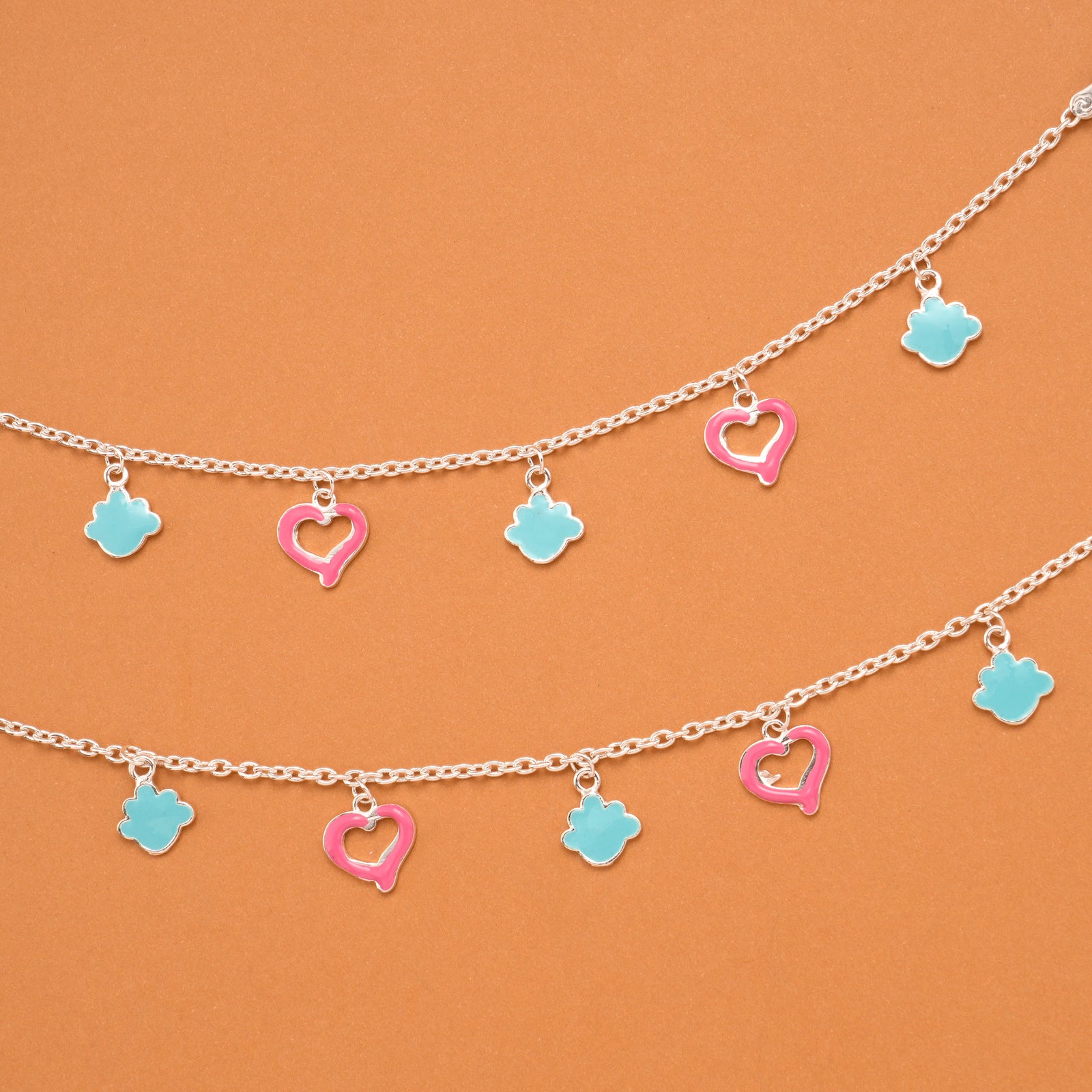 Pink Colour Heart Enamel Silver Baby Anklets