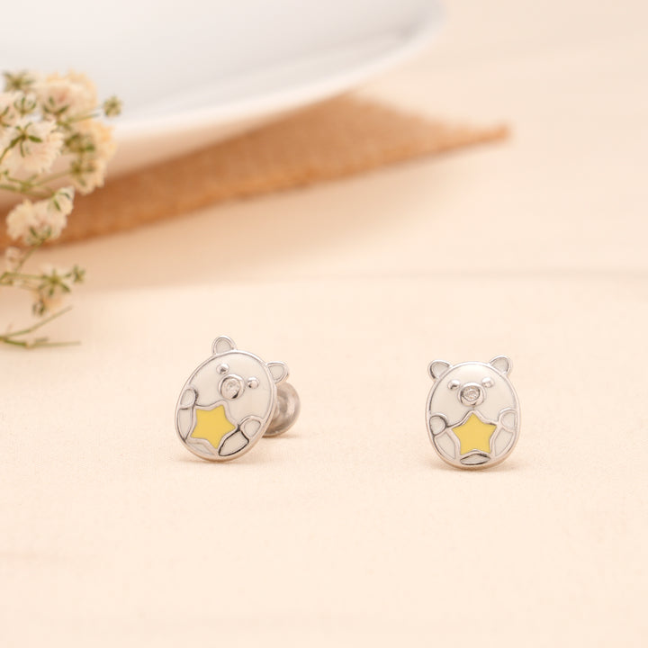 Silver Cute Bear Star Enamel Stud