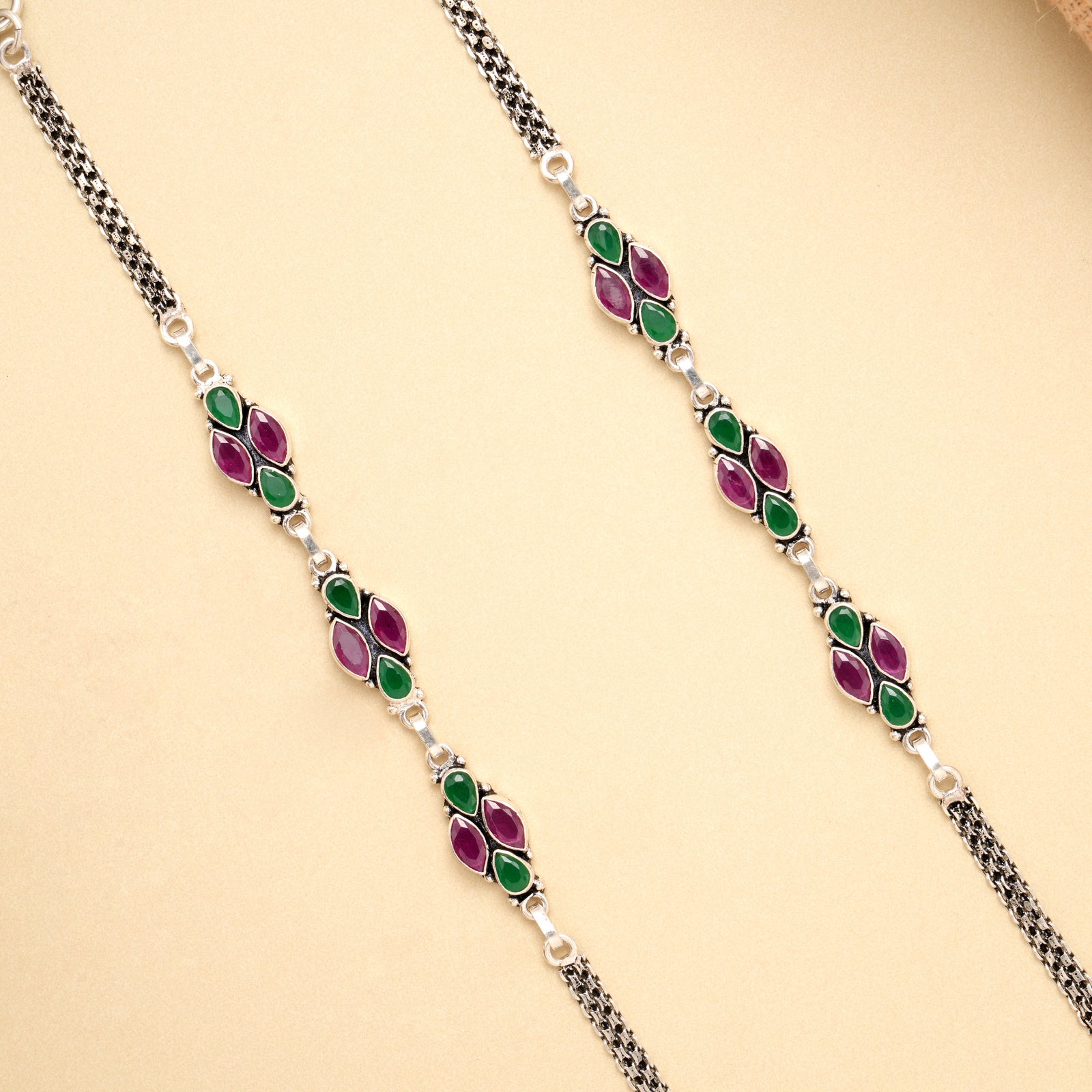 Ruby Emerald Cluster Trail Silver Anklet