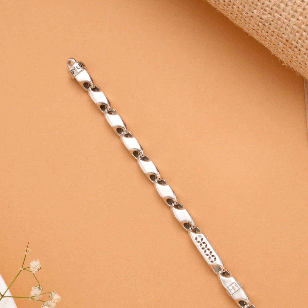 Hook Textured Link Men's Silver Bracelet