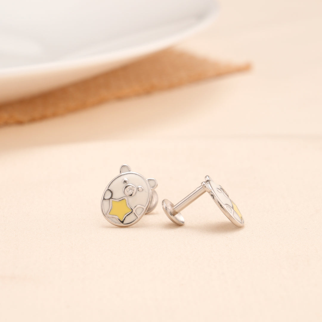 Silver Cute Bear Star Enamel Stud