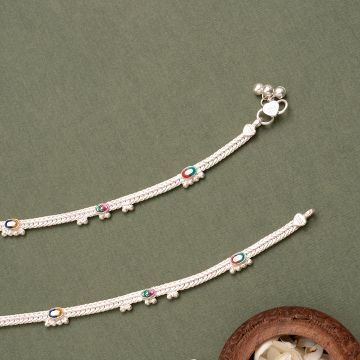 Thin and Simple Oval Enamel Silver Anklet