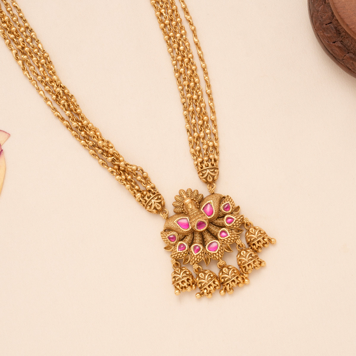 Multi Layer Chain with Ruby Peacock Golden Necklace Set