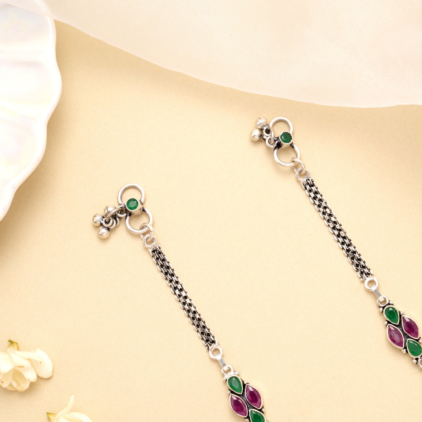 Ruby Emerald Cluster Trail Silver Anklet