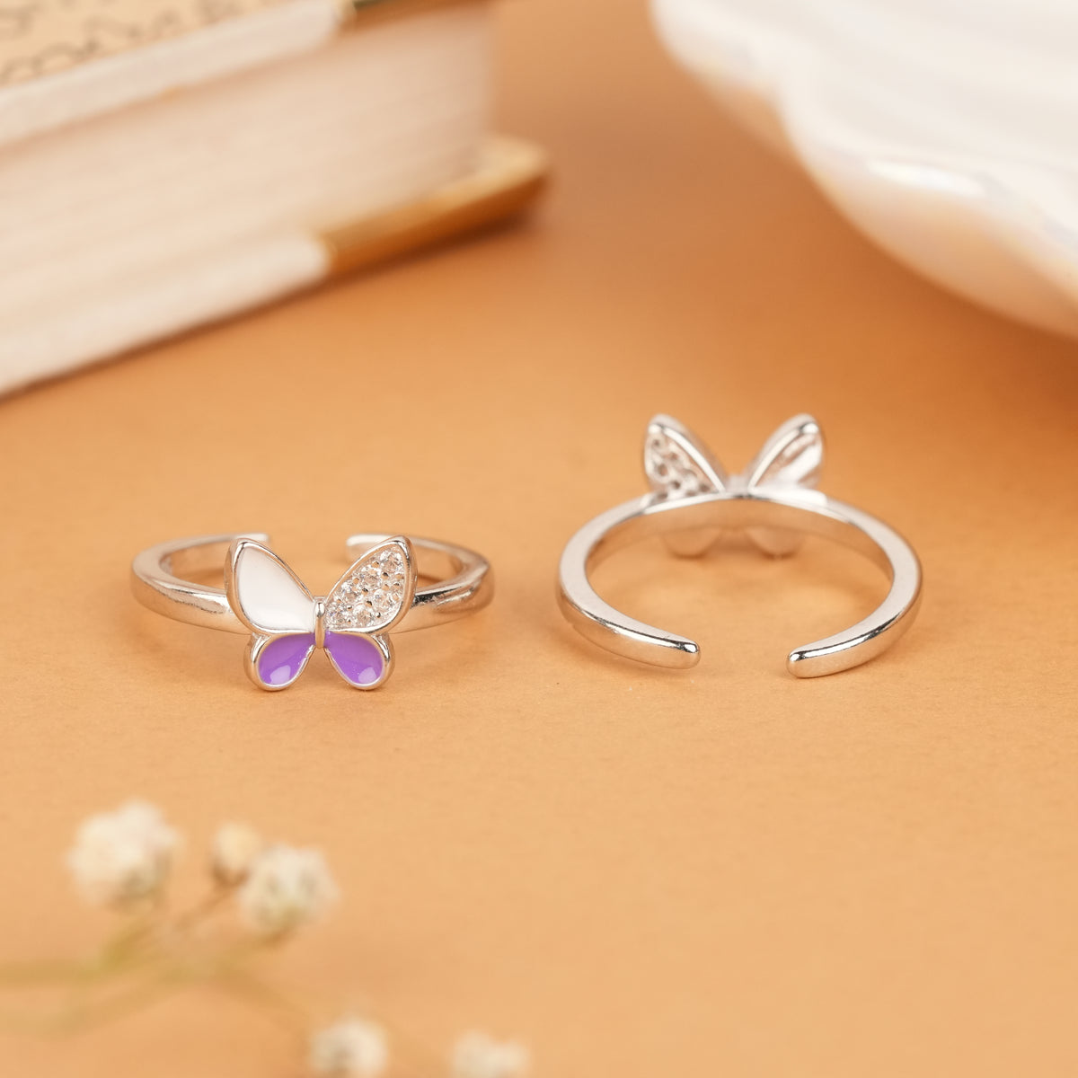 Radiant Purple with White Silver Butterfly Toe Ring