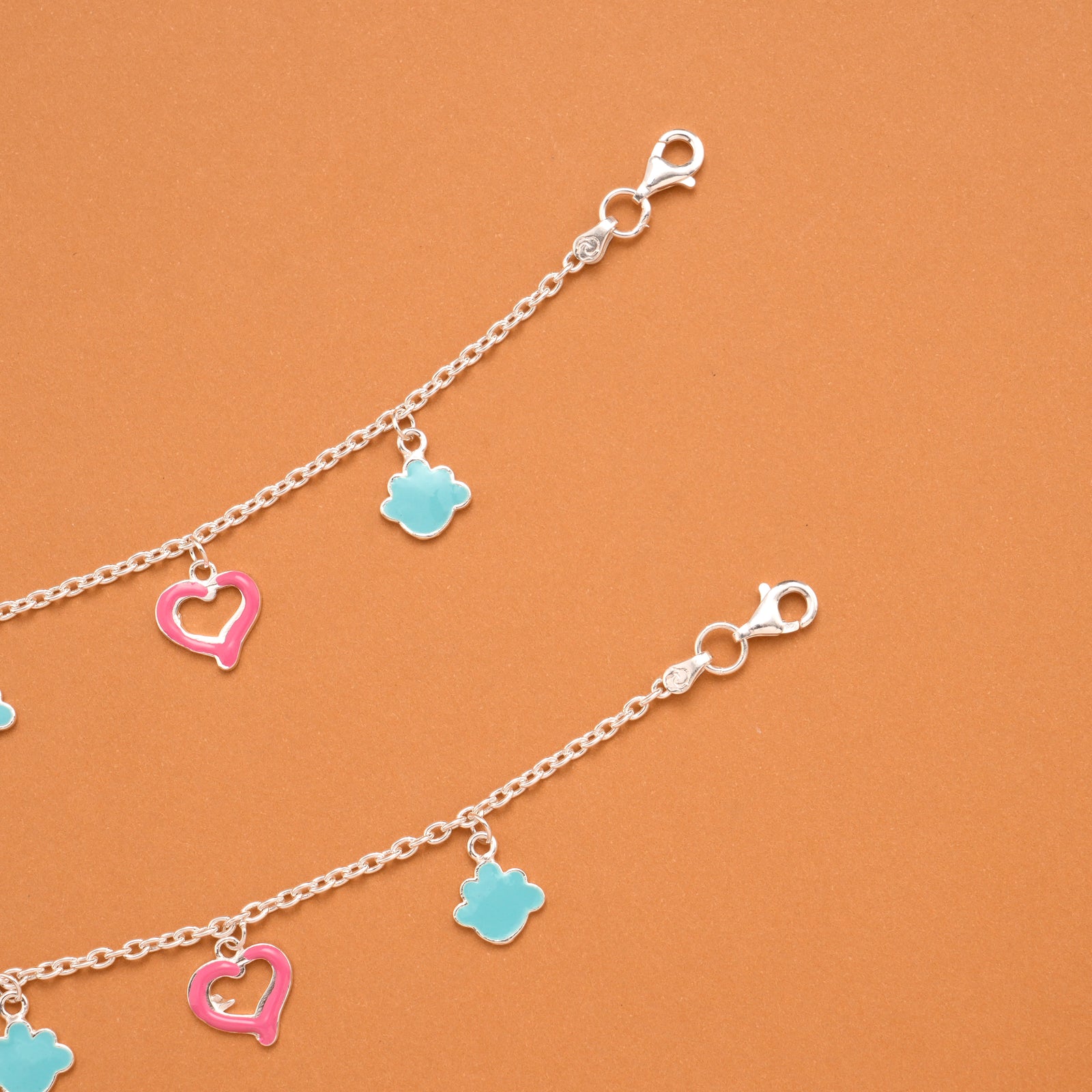 Pink Colour Heart Enamel Silver Baby Anklets