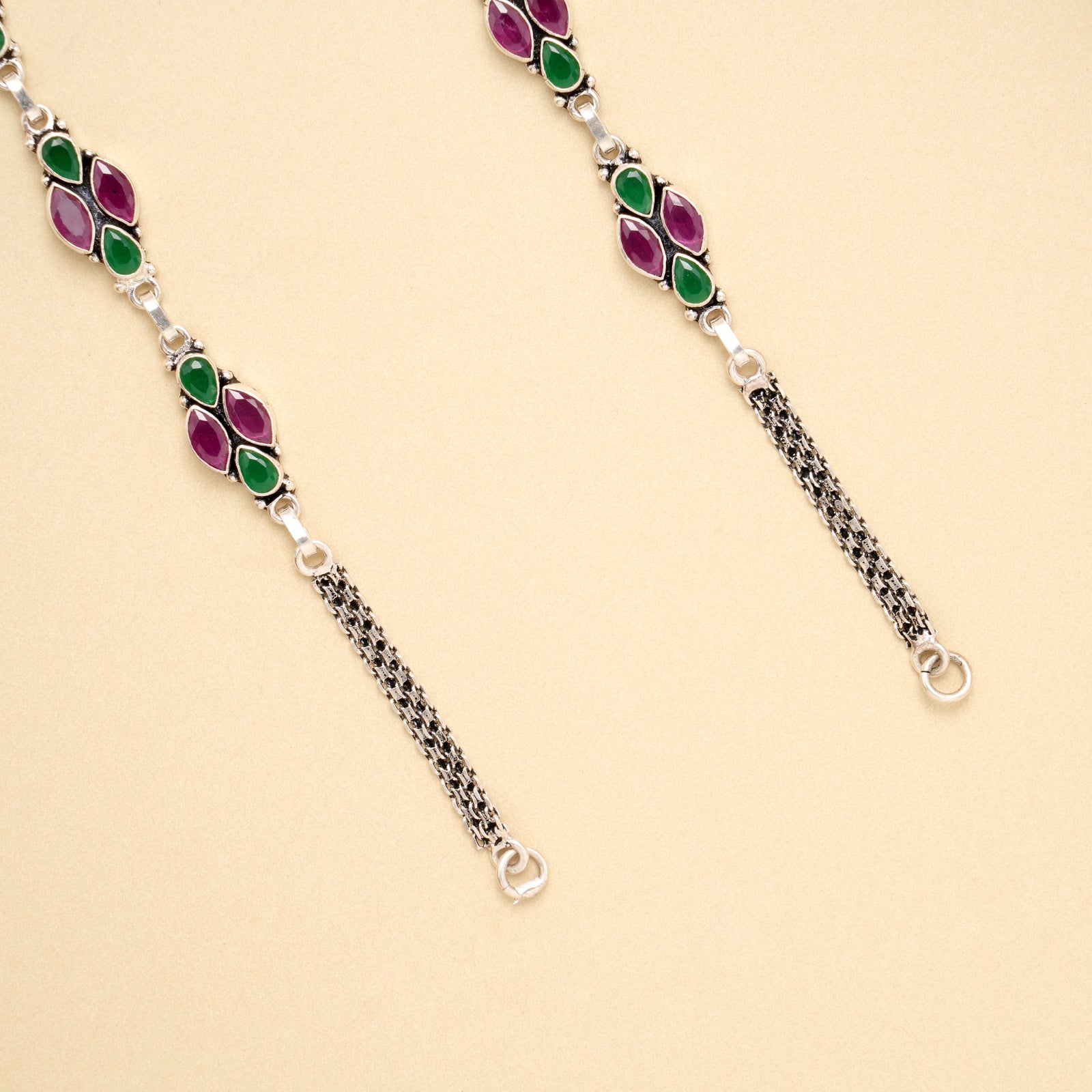 Ruby Emerald Cluster Trail Silver Anklet