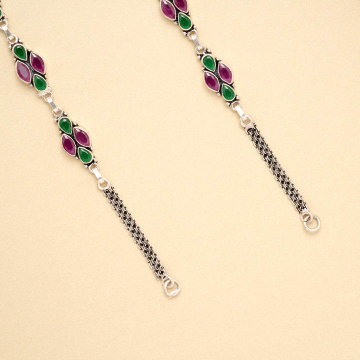 Ruby Emerald Cluster Trail Silver Anklet