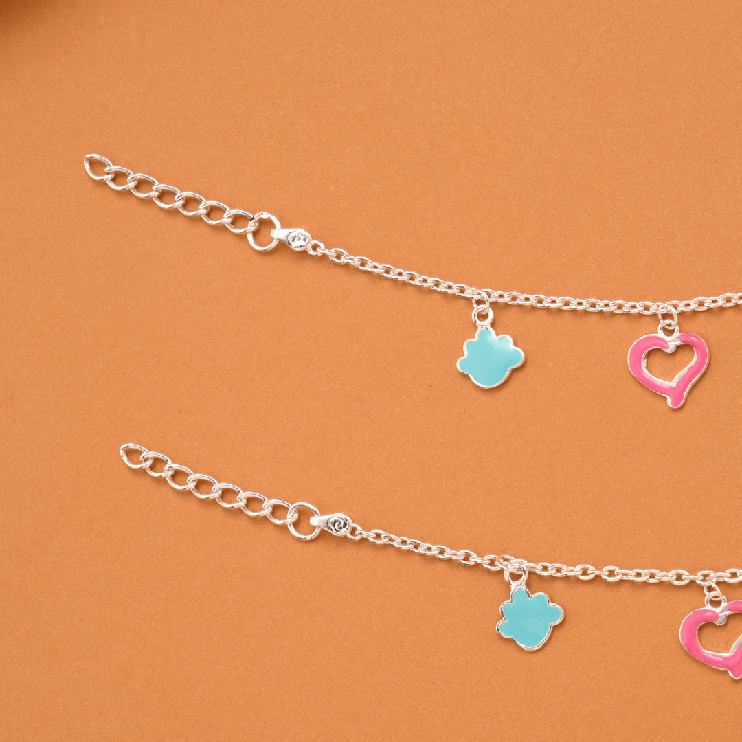 Pink Colour Heart Enamel Silver Baby Anklets