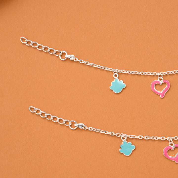 Pink Colour Heart Enamel Silver Baby Anklets