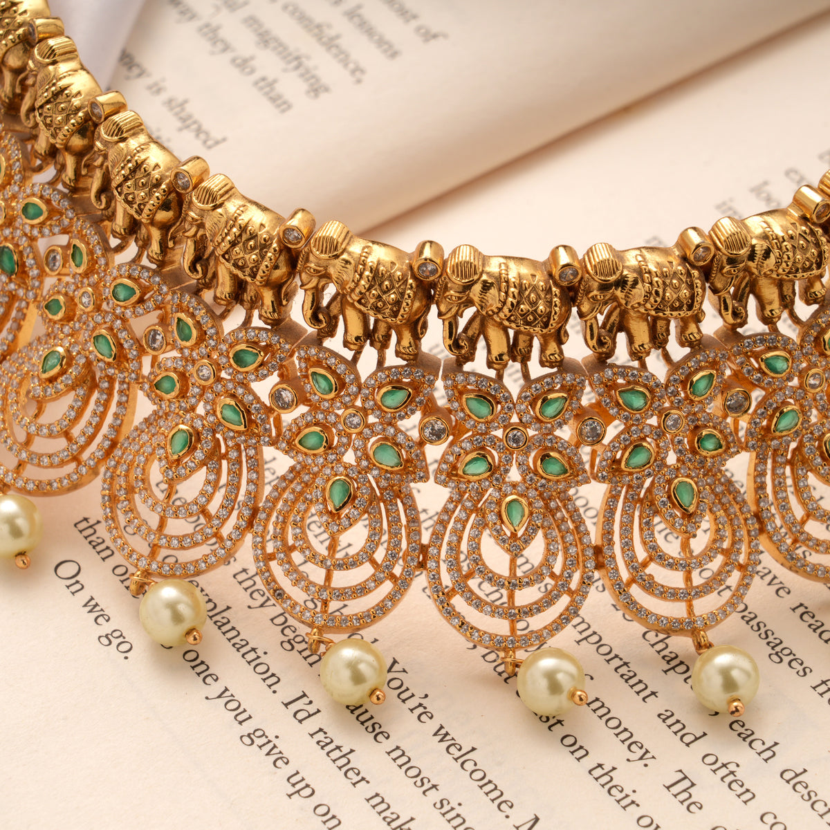 Grand Elephant Design with Pearl Drops Golden Choker
