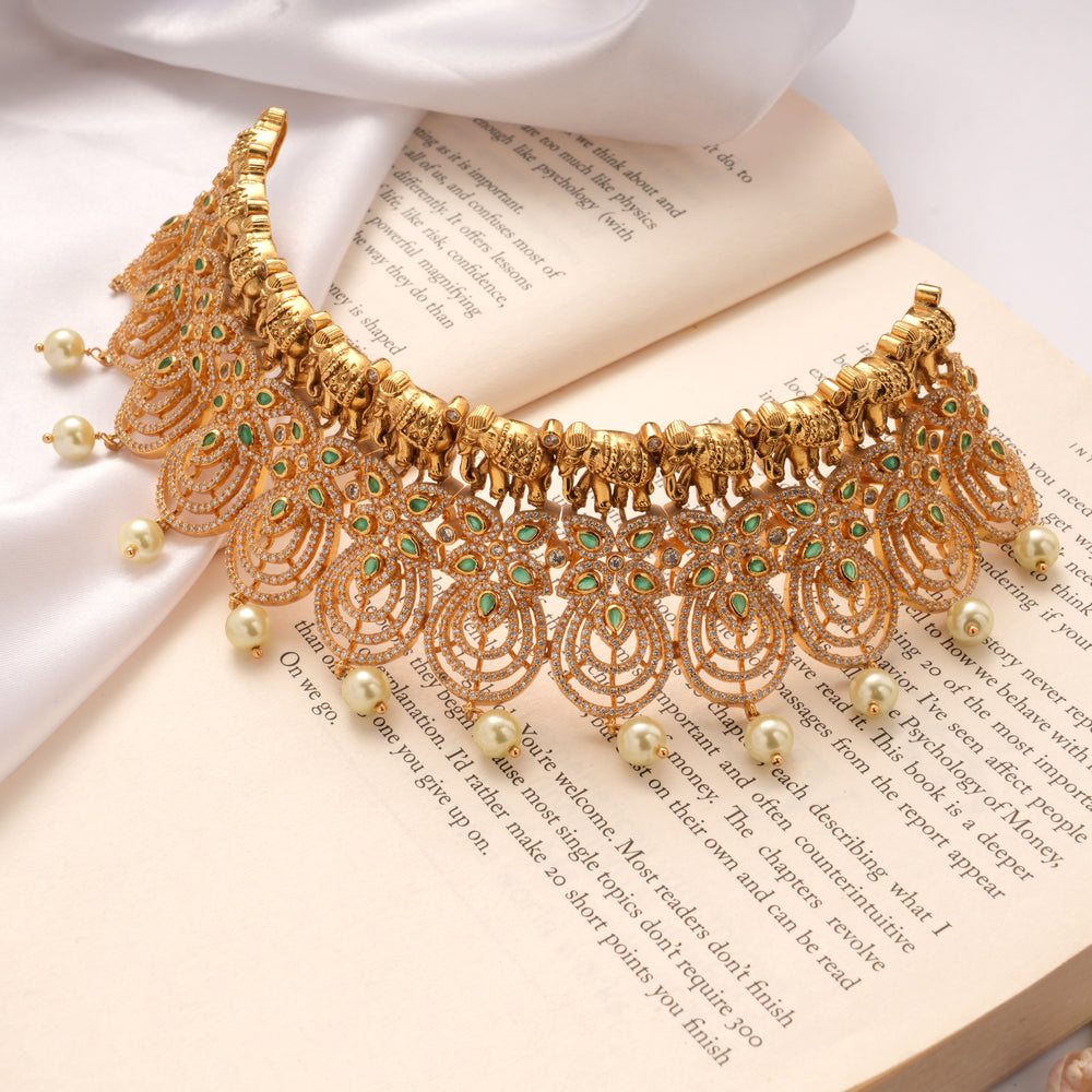 Grand Elephant Design with Pearl Drops Golden Choker