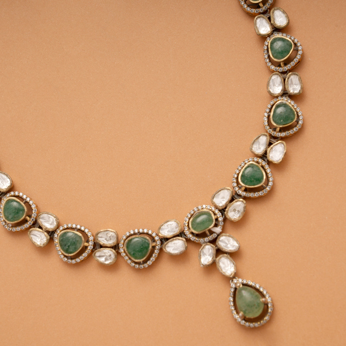 Stylish Green with White Stone Drops Golden Necklace