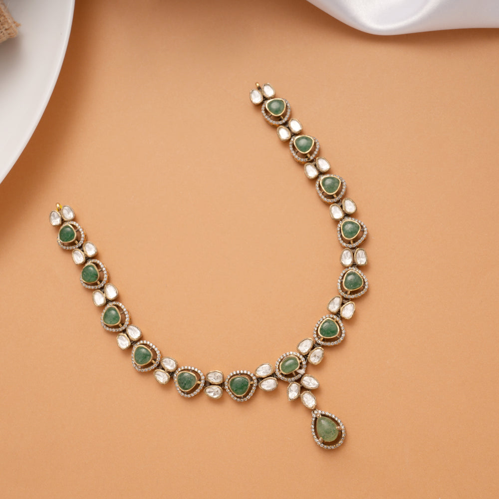 Stylish Green with White Stone Drops Golden Necklace