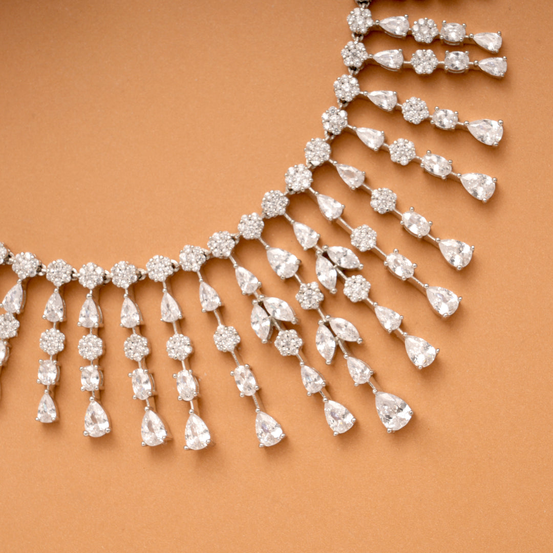 Grand Stone Layer Drops Bridal Silver Necklace