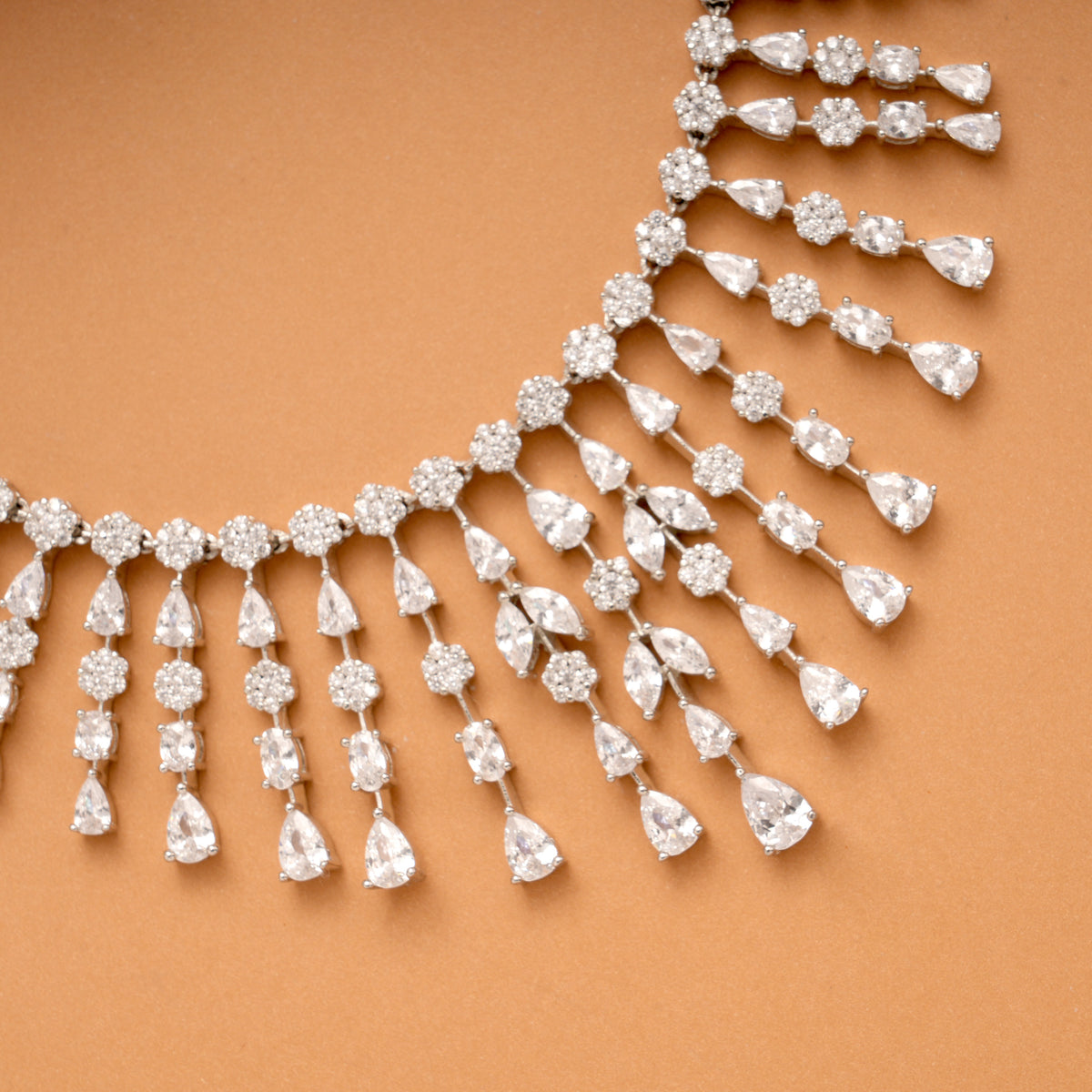 Grand Stone Layer Drops Bridal Silver Necklace
